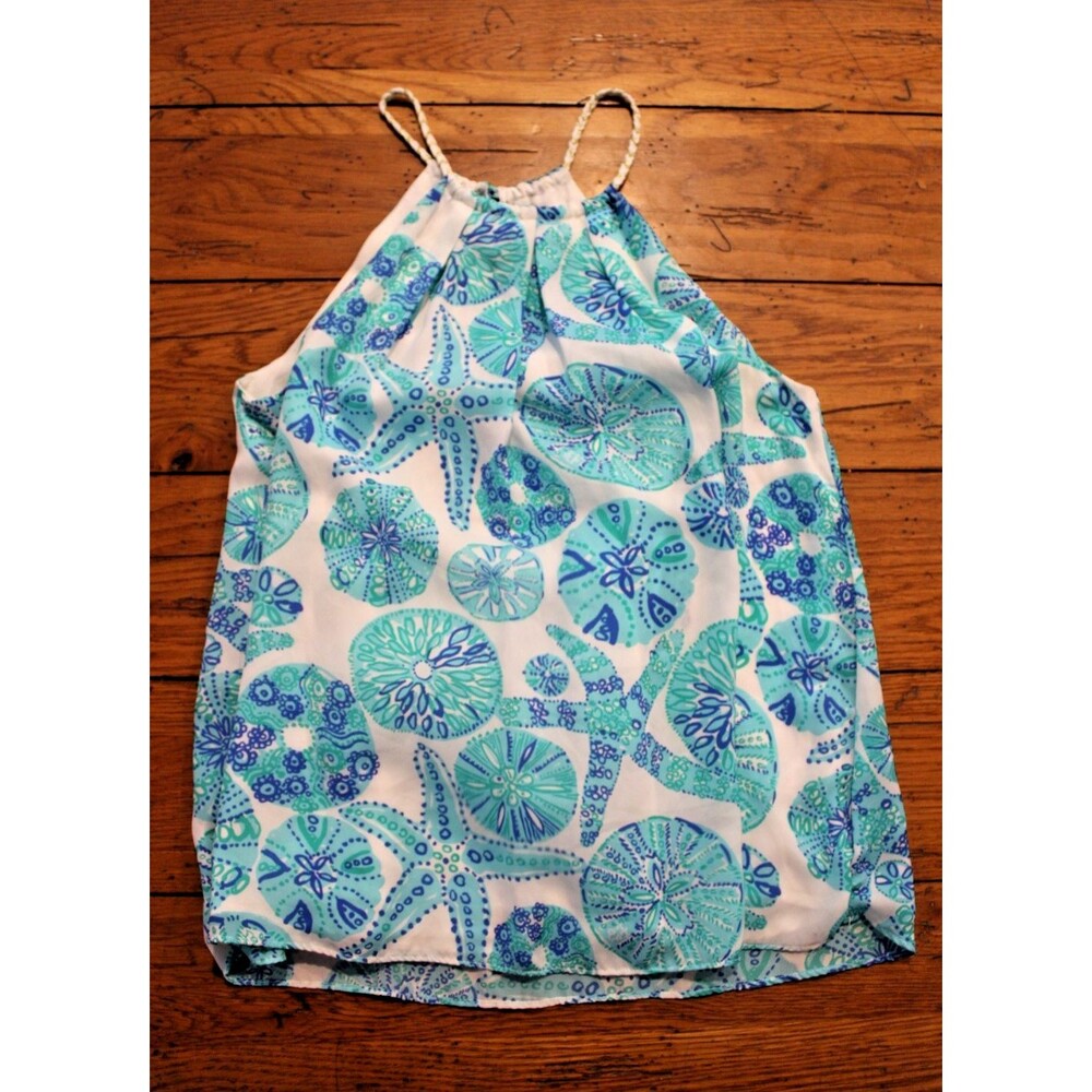 Lilly Pulitzer Halter Top Sleeveless Beach Print Blue White Women's Small Shells